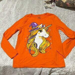 Childrens place halloween unicorn 7/8 cotton long sleeve orange t shirt euc